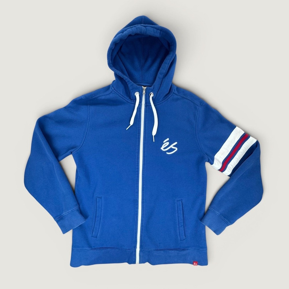 Es Skateboarding Y2K Mens Blue Full Zip Hoodie Embroidered Logo Striped Sleeve L